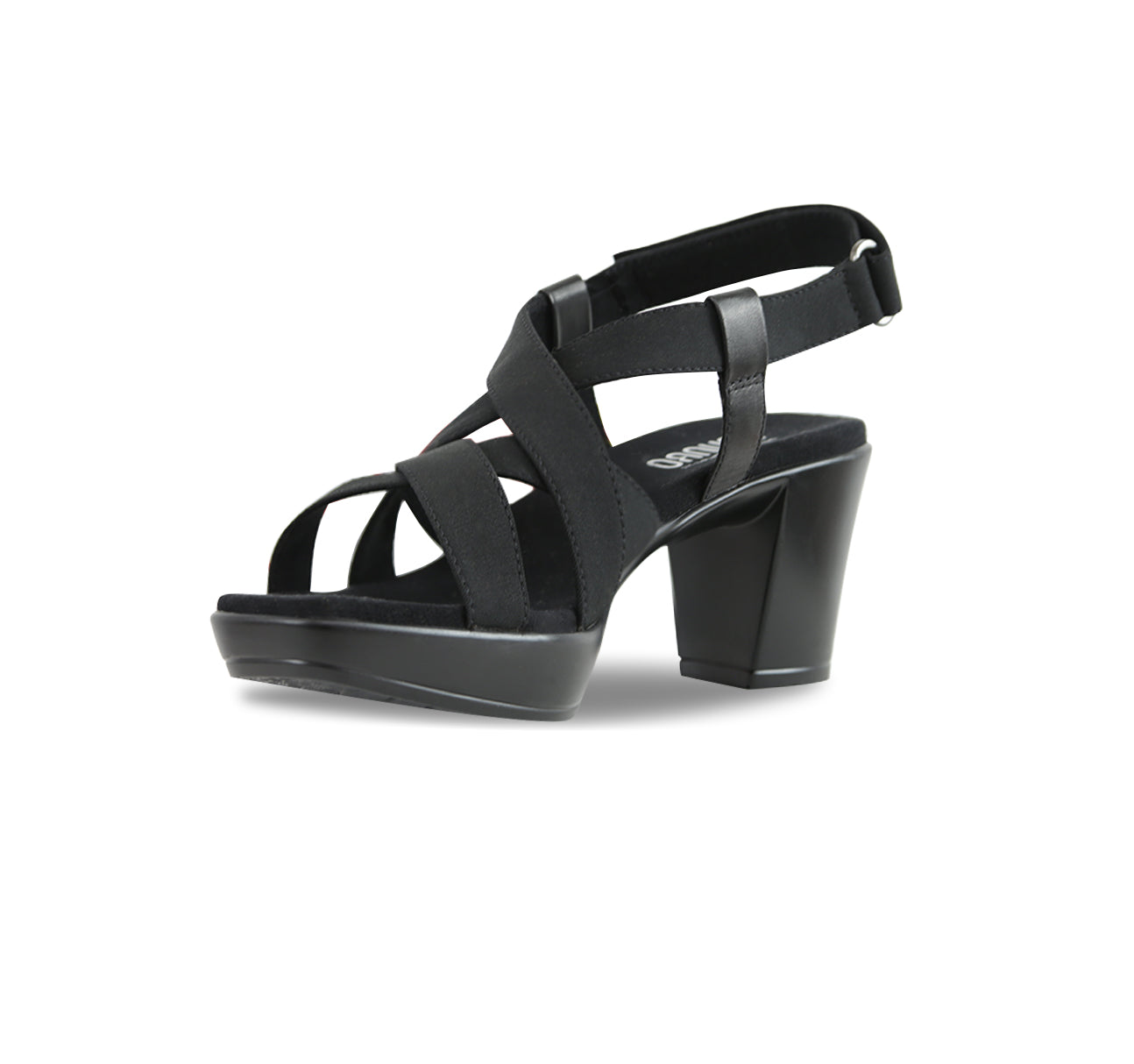 Maddox crisscross straps and hook & loop ankle strap on platform unit in black leather-inside view