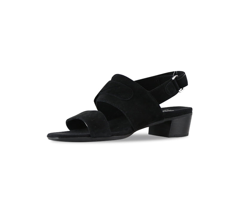 Ashlin mid-heel black suede dress sandal with wide band vamp strap and hook & loop ankle strap and large decorative buckle-inside view