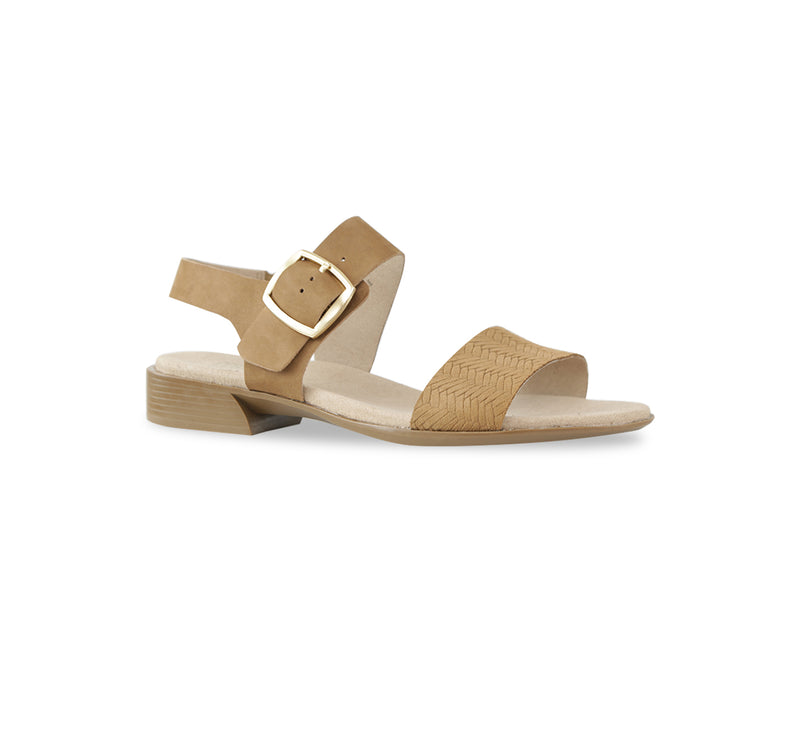 Cleo dress or casual sandal on low heel with buckle on ankle strap in med-tan nubuck-angle view