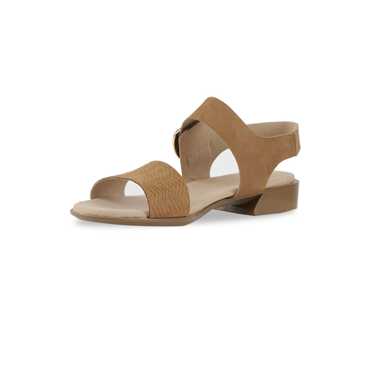 Cleo dress or casual sandal on low heel with buckle on ankle strap in med-tan nubuck-inside view