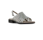 Celia low-heel lamb metallic silvery leather sling back strappy sandal with tubular leather vamp straps and buckle on ankle strap-angle view