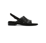 Celia low-heel black leather sling back strappy sandal with tubular leather vamp straps and buckle on ankle strap-side view