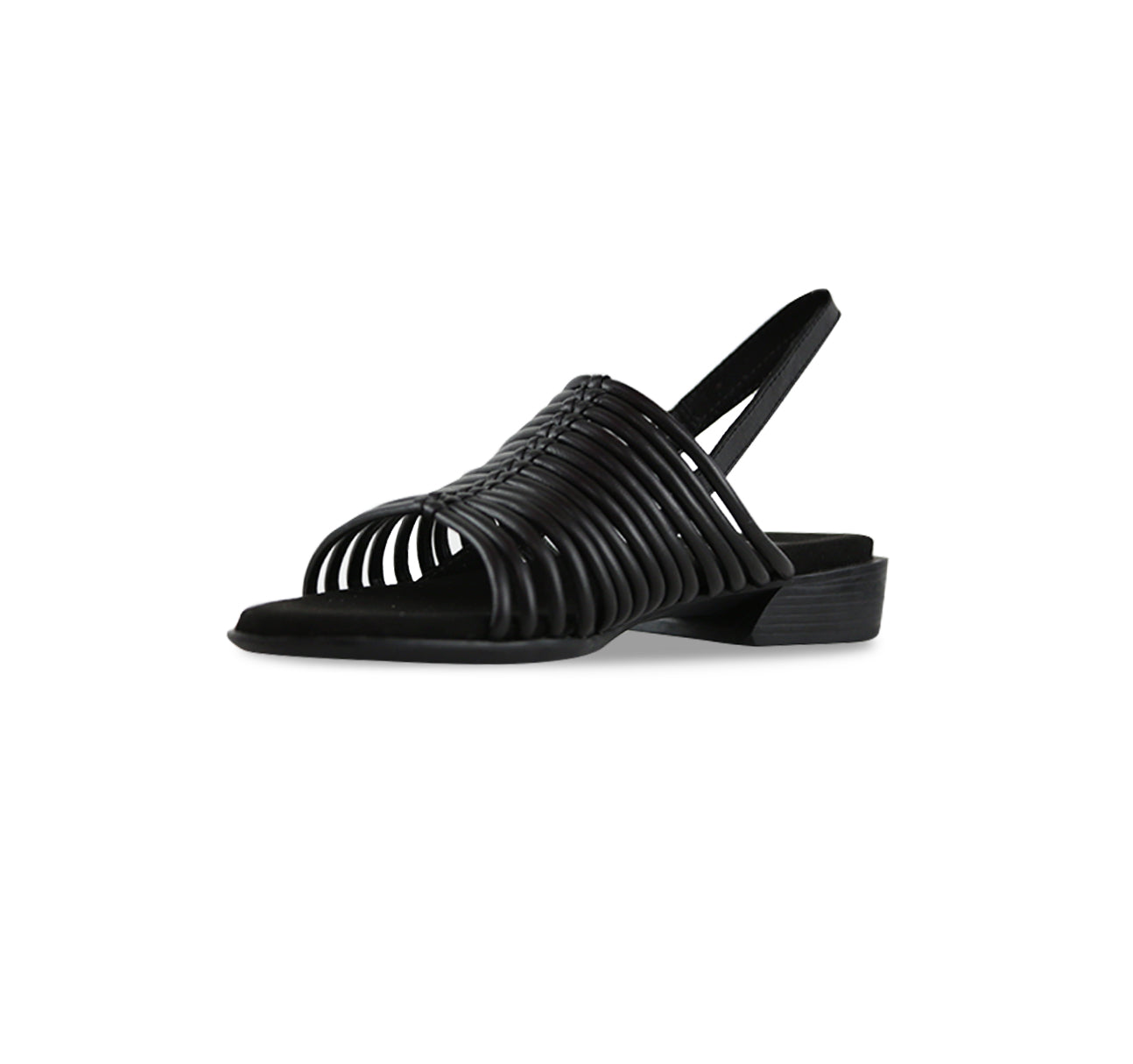 Celia low-heel black leather backstrap strappy sandal with tubular leather vamp straps and buckle on ankle strap-inside view