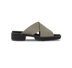 Dekkie slide sandal with wide khaki fabric bands crisscross the instep to support and comfort your feet-side view