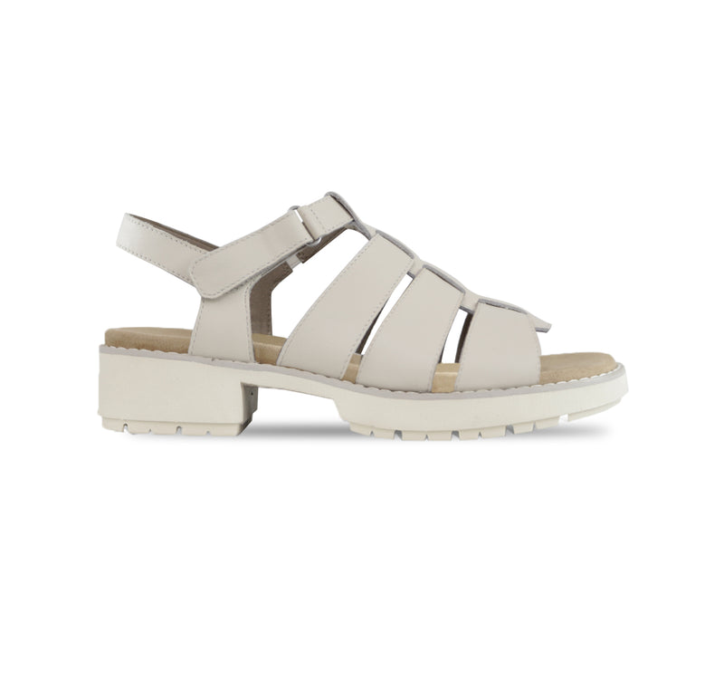 Marley three-strap and T-strap fisherman sandal with hook and loop ankle strap on lug outsole unit in latte leather-side view