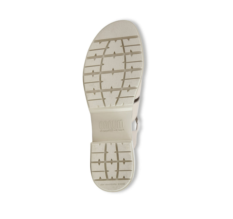 Marley three-strap and T-strap fisherman sandal with hook and loop ankle strap on lug outsole unit in latte leather-bottom view