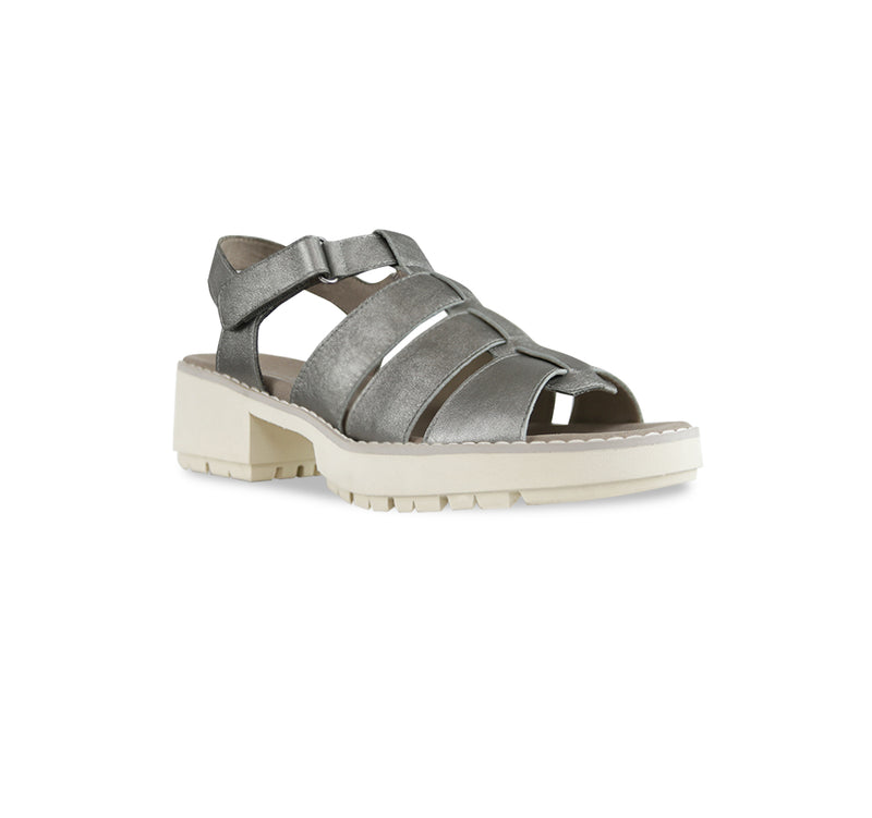 Marley three-strap and T-strap fisherman sandal with hook and loop ankle strap on lug outsole unit in silver metallic leather-angle view