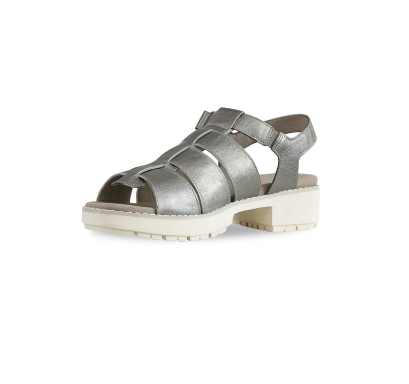 Marley three-strap and T-strap fisherman sandal with hook and loop ankle strap on lug outsole unit in silver metallic leather-inside view