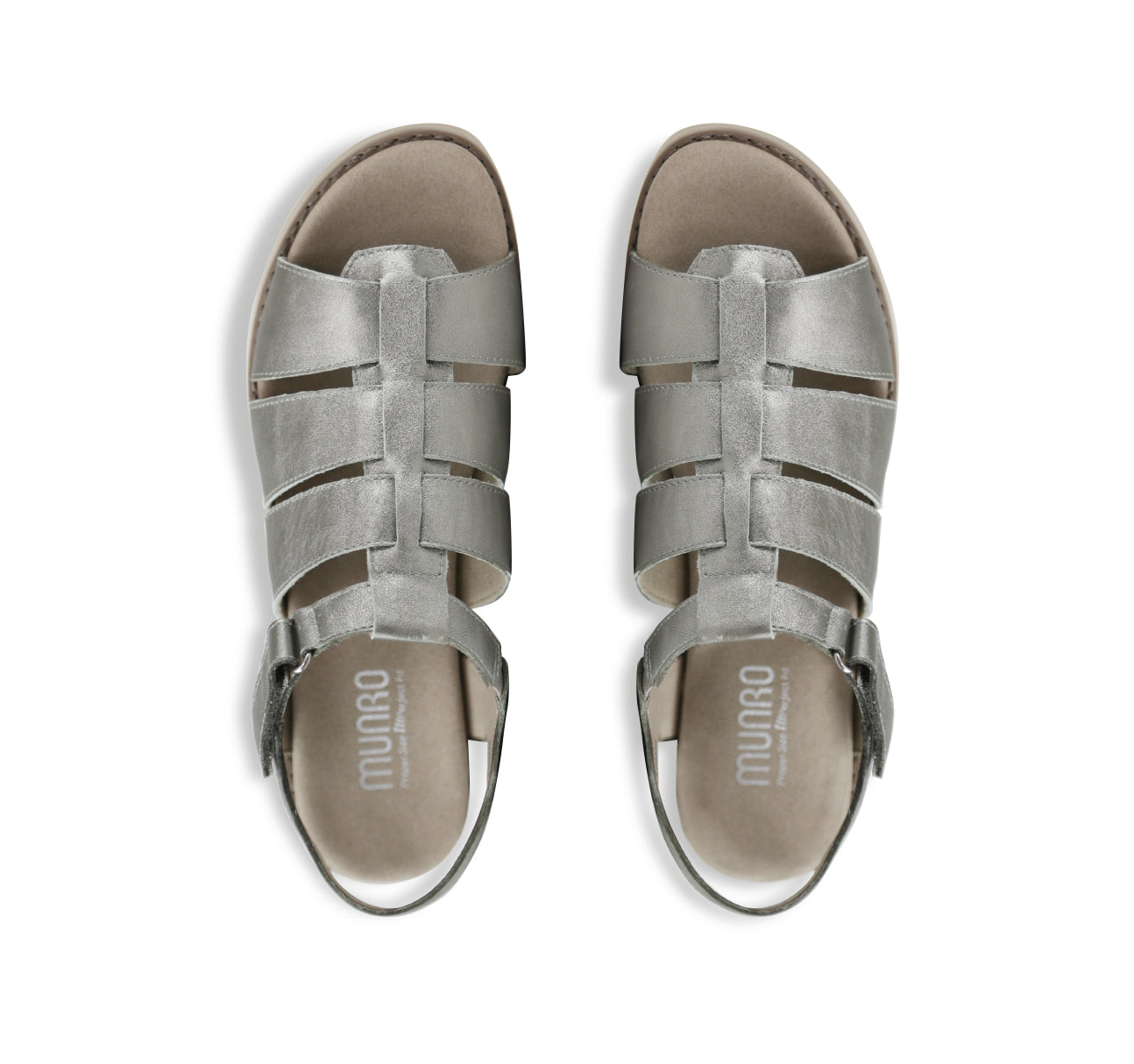 Marley three-strap and T-strap fisherman sandal with hook and loop ankle strap on lug outsole unit in silver metallic leather-top view