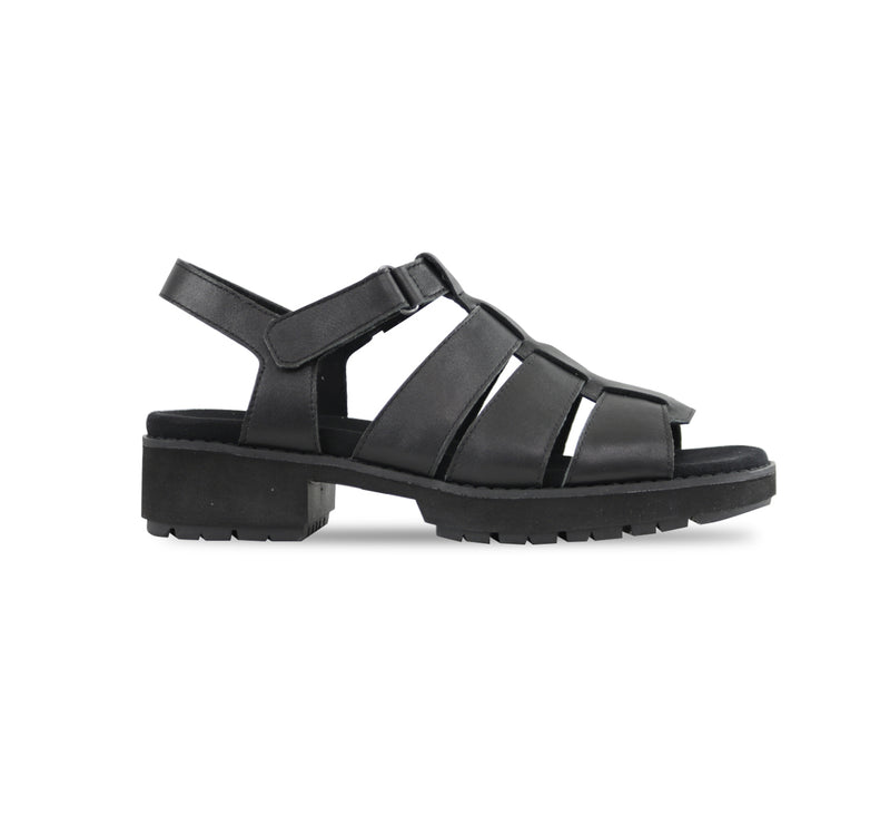 Marley three-strap and T-strap fisherman sandal with hook and loop ankle strap on lug outsole unit in black leather-side view