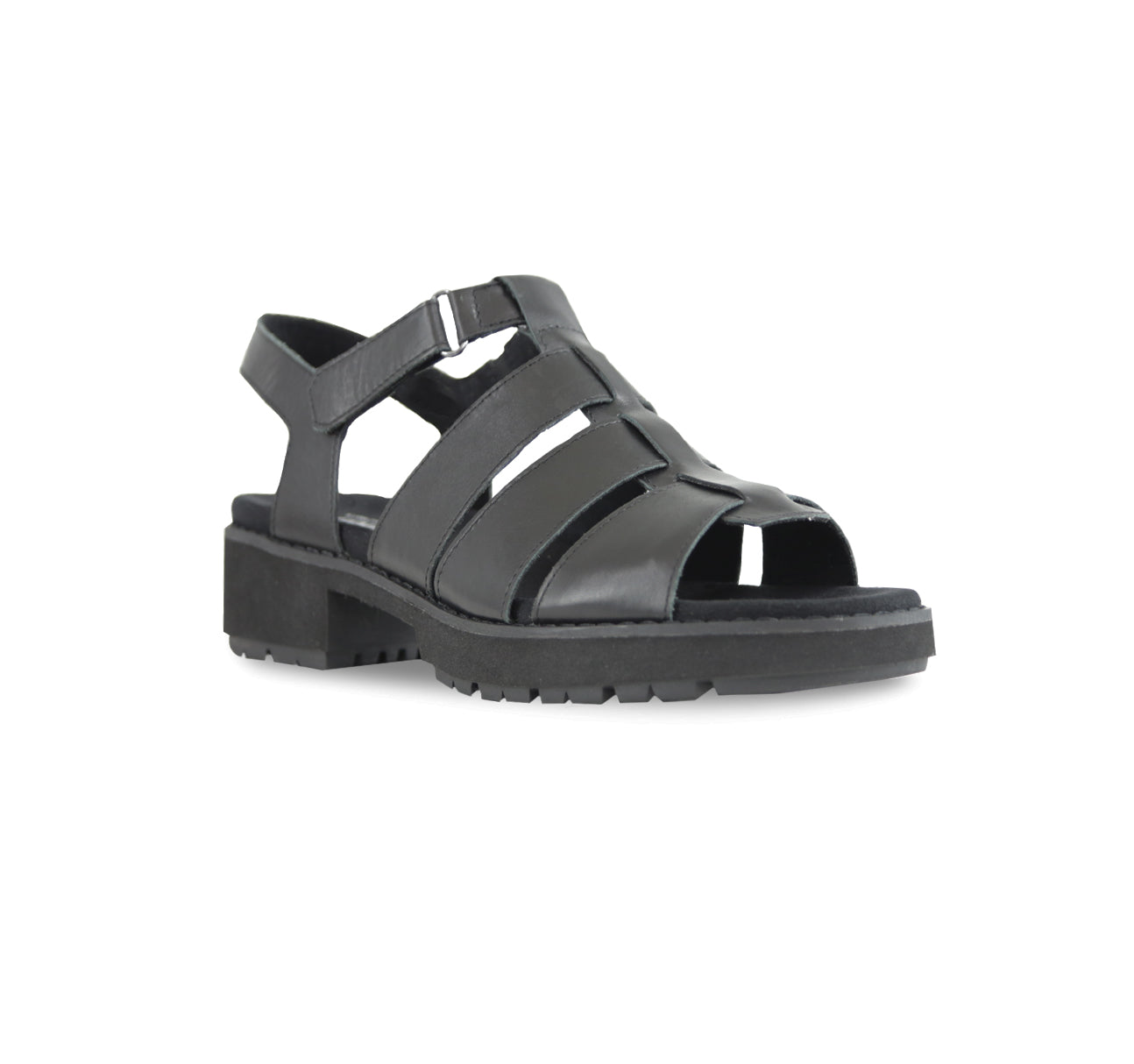 Marley three-strap and T-strap fisherman sandal with hook and loop ankle strap on lug outsole unit in black leather-angle view