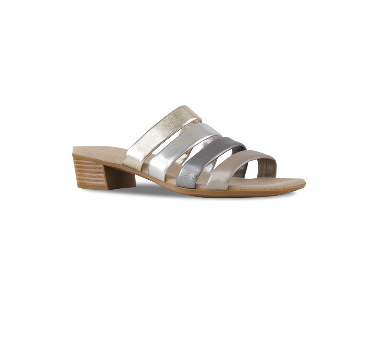 Adrianne elegant four-strap low-heel slide sandal in multi-color metallic sheep leather-angle view