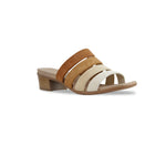 ADRIANNE FOUR-STRAP SLIDE SANDAL ON LEAWOOD HEEL IN MULTI-SAND SUEDE - ANGLE VIEW