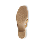 ADRIANNE FOUR-STRAP SLIDE SANDAL ON LEAWOOD HEEL IN MULTI-SAND SUEDE - BOTTOM VIEW