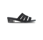 ADRIANNE ELEGANT, FOUR-STRAP, LOW HEEL, SLIDE SANDAL IN BLACK SUEDE - SIDE VIEW