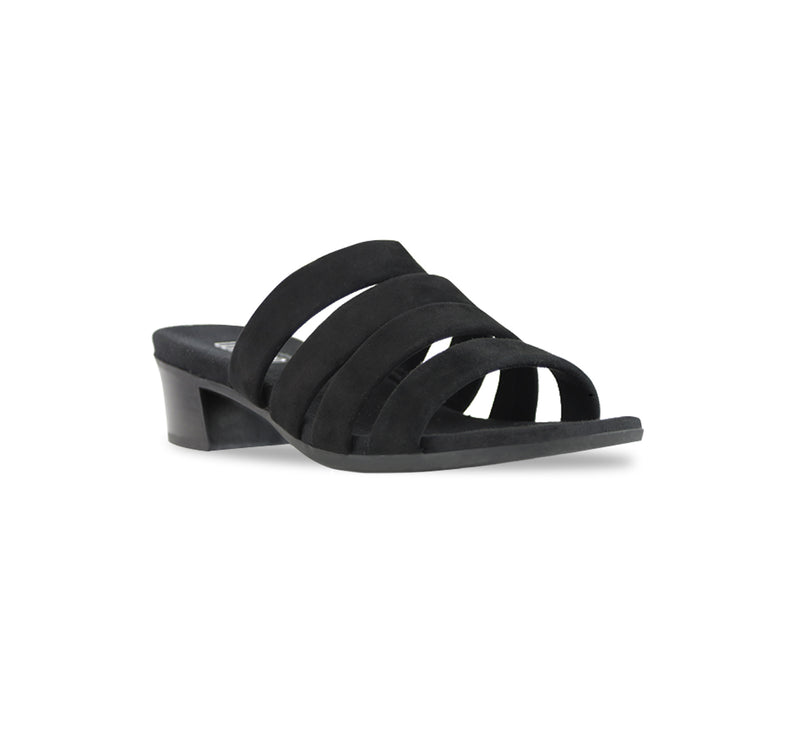 ADRIANNE ELEGANT, FOUR-STRAP, LOW HEEL, SLIDE SANDAL IN BLACK SUEDE - ANGLE VIEW