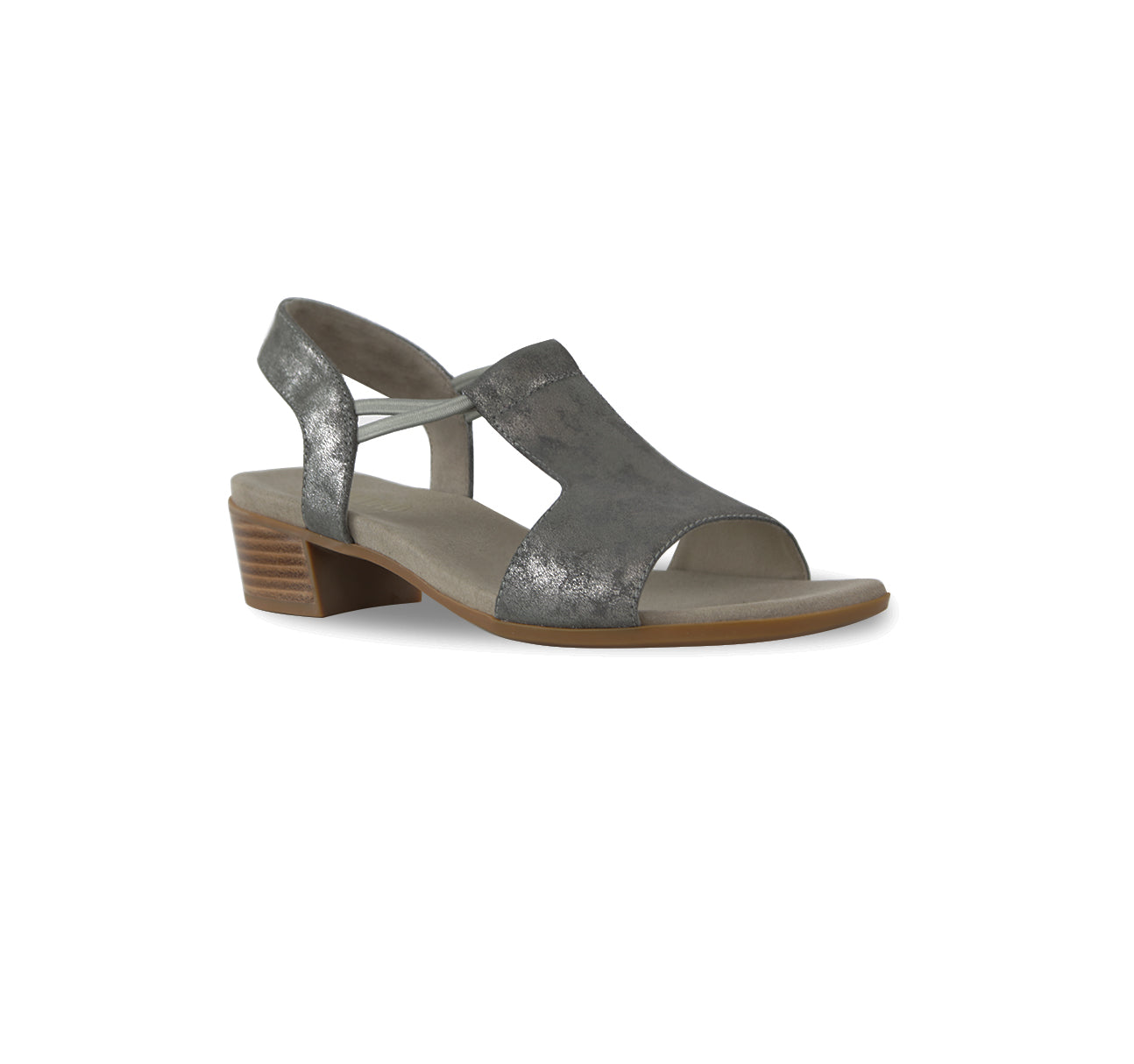 SUSAN LOW HEEL T-STRAP SANDAL IN GUNMETAL METALLIC LEATHER - ANGLE VIEW