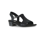 SUSAN LOW HEEL T-STRAP SANDAL IN STARDUST NERO LEATHER - ANGLE VIEW