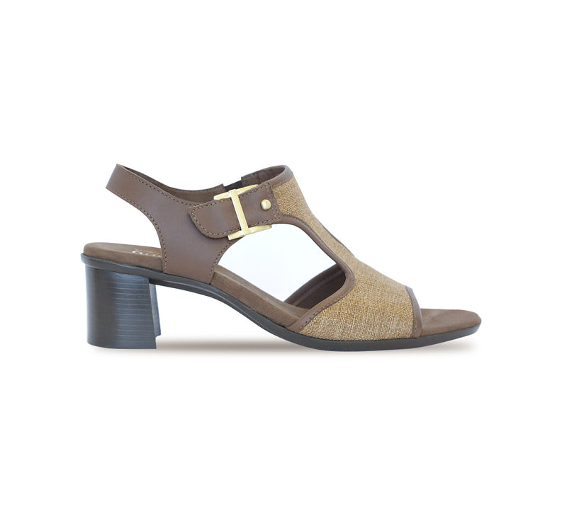 WALLIS DRESS SANDAL IN BROWN FABRIC AND LEATHER - SIDE VEW