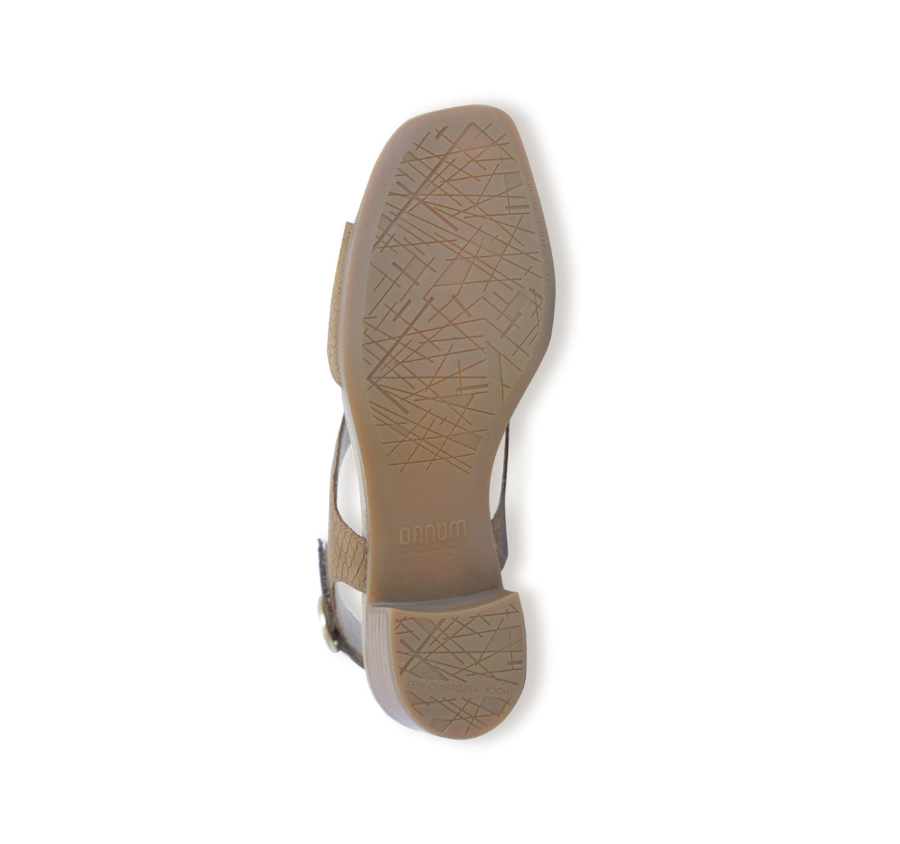 Jenny crossband sandal on mid-height Leawood stacked heel with hook & loop back strap and ornamental buckle in medium tan lizard-print nubuck-bottom view