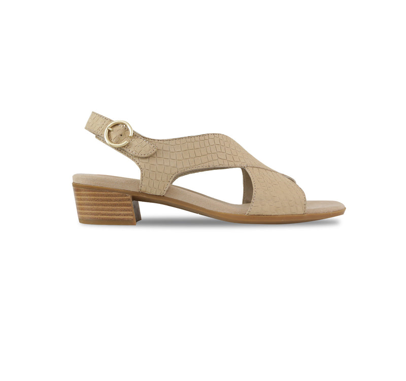 Jenny crossband sandal on mid-height Leawood stacked heel with hook & loop back strap and ornamental buckle in tan croc-print nubuck-side view