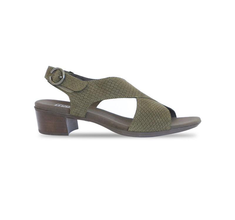 JENNY CROSSBAND SANDAL WITH HOOK & LOOP BACK STRAP IN GREEN NUBUCK - SIDE VIEW