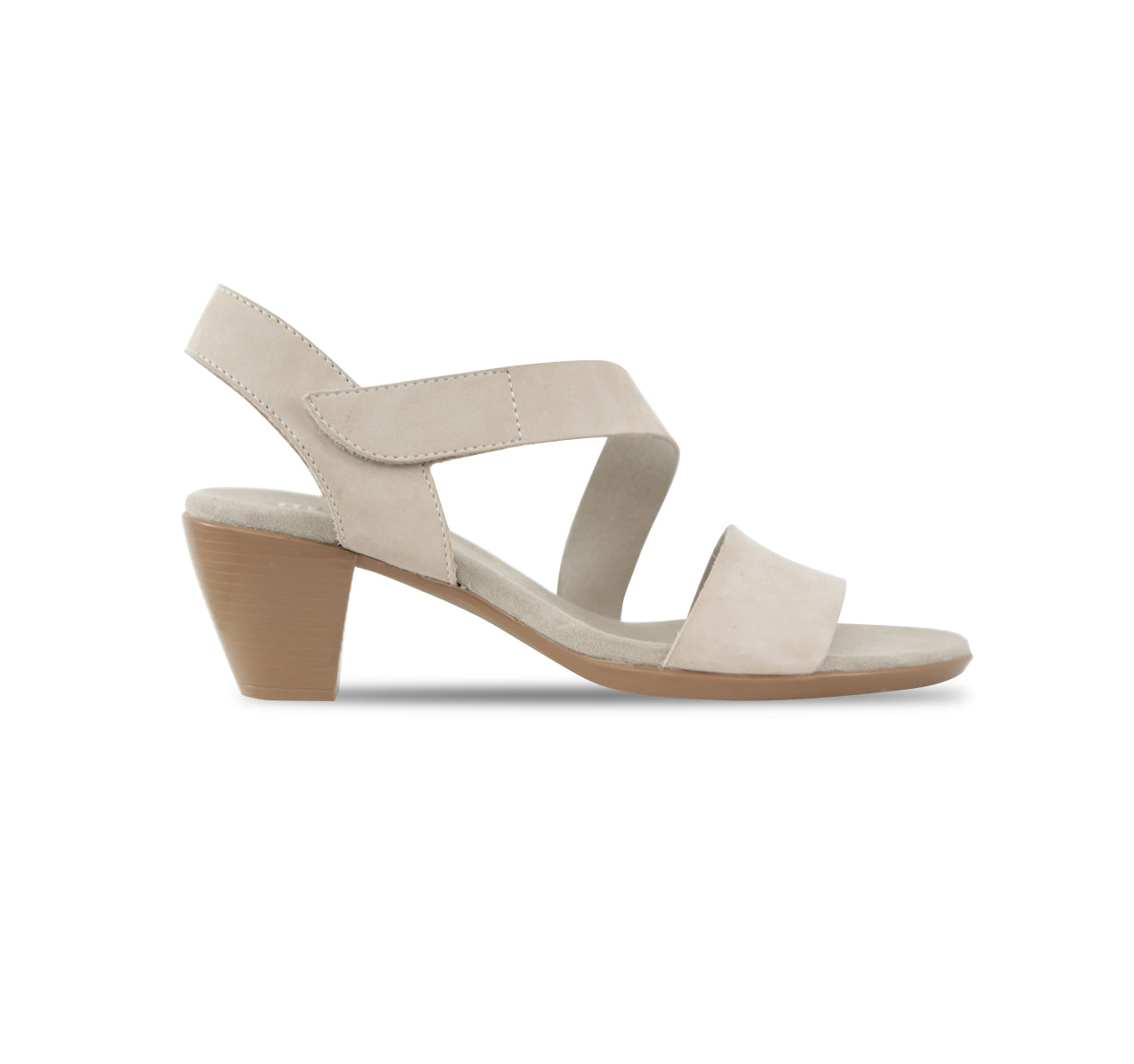 Lucia dress sandal with a single-band vamp strap and an asymmetrical hook & loop instep strap in stone leather-side view