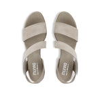 Lucia dress sandal with a single-band vamp strap and an asymmetrical hook & loop instep strap in stone leather-top view