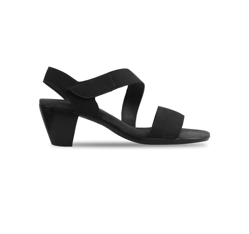 Lucia dress sandal with a single-band vamp strap and an asymmetrical hook & loop instep strap in black leather-side view