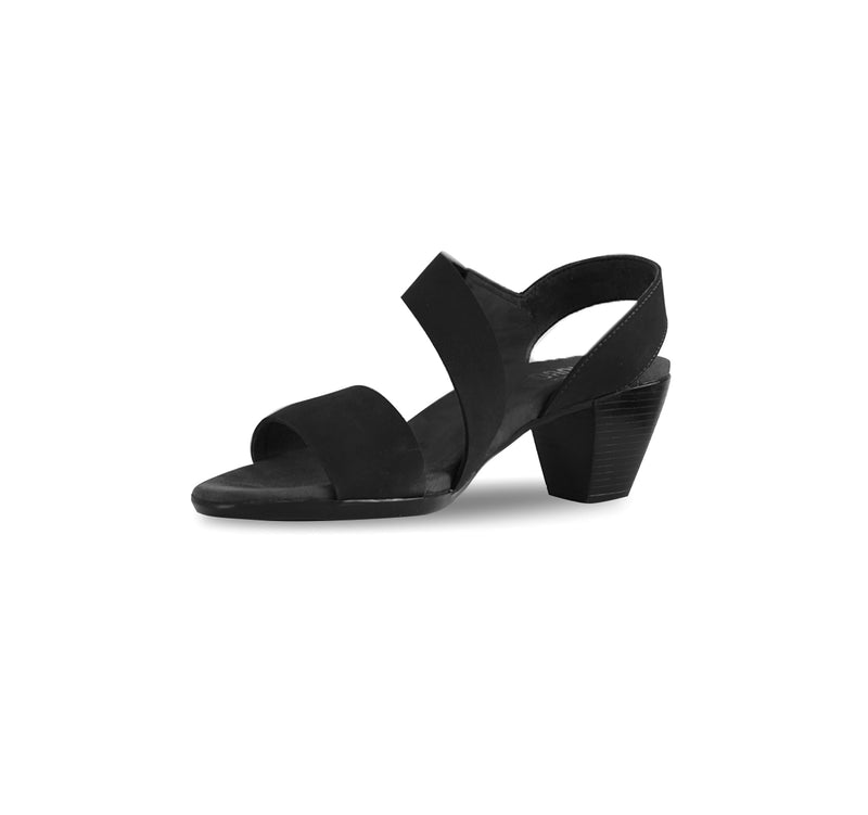 Lucia dress sandal with a single-band vamp strap and an asymmetrical hook & loop instep strap in black leather-inside view