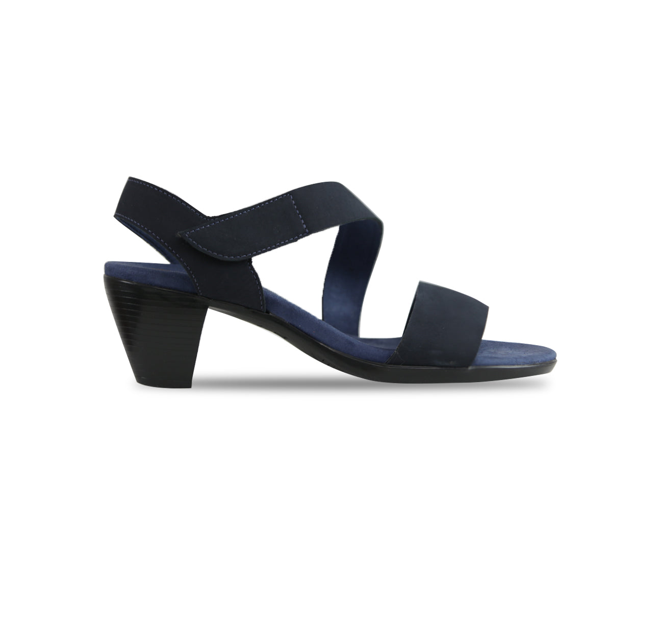 Lucia dress sandal with an asymmetrical hook & loop vamp strap in navy nubuck-side view