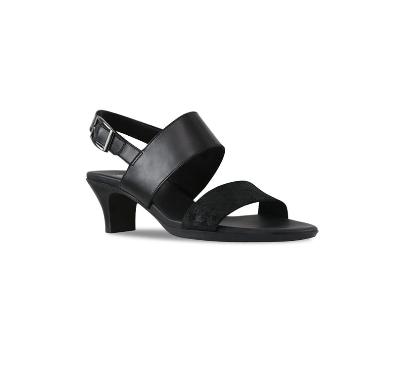 Livia double strap dress sandal in black leather and black printed suede with a hook & loop back strap-angle view