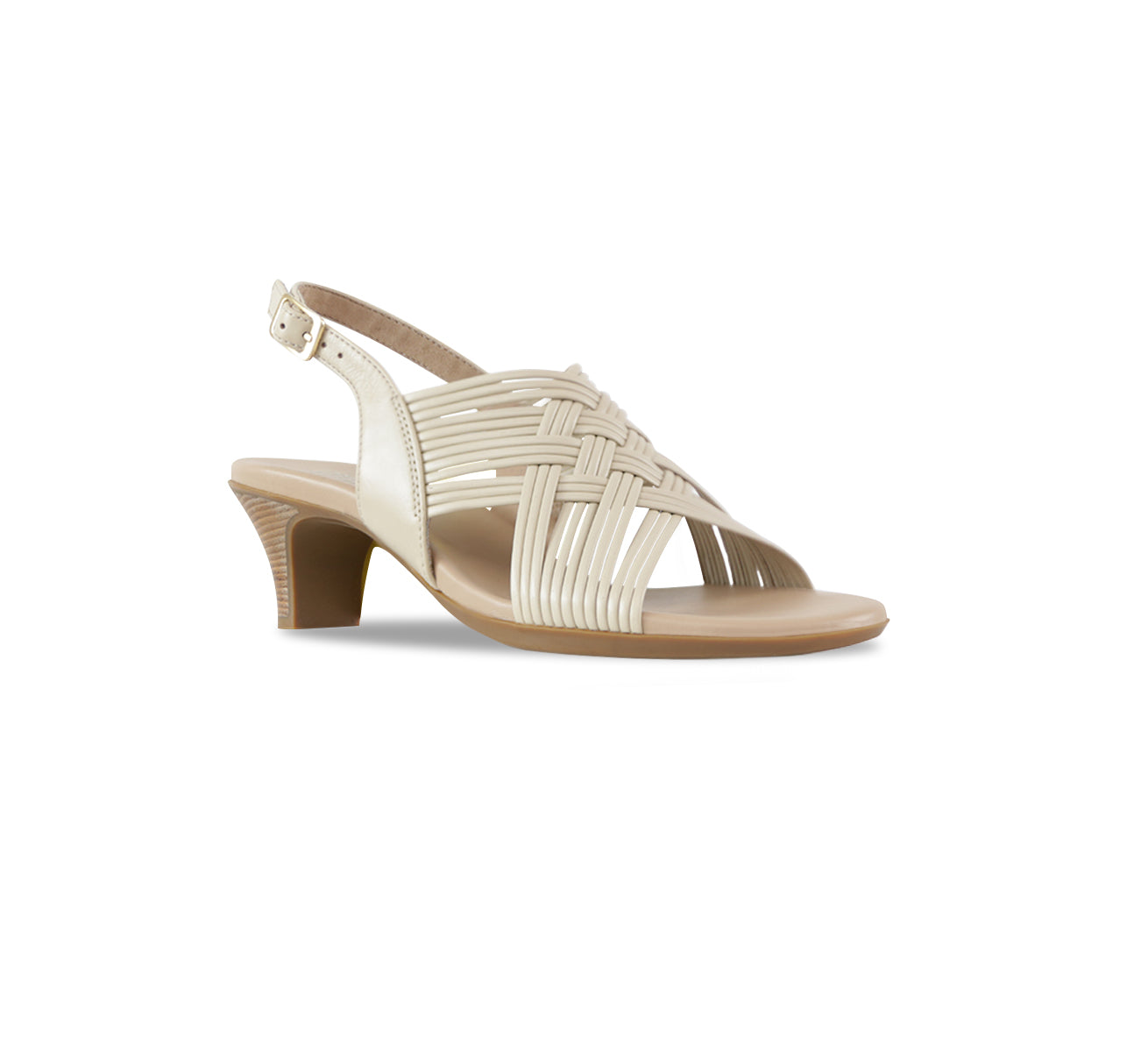 Marianna kitten heel, dress sandal with petite tubular beige calf leather straps-angle view