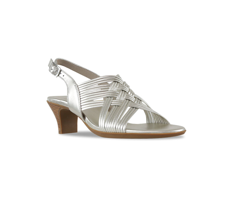 Marianna kitten heel, dress sandal with petite tubular metallic leather straps-angle view