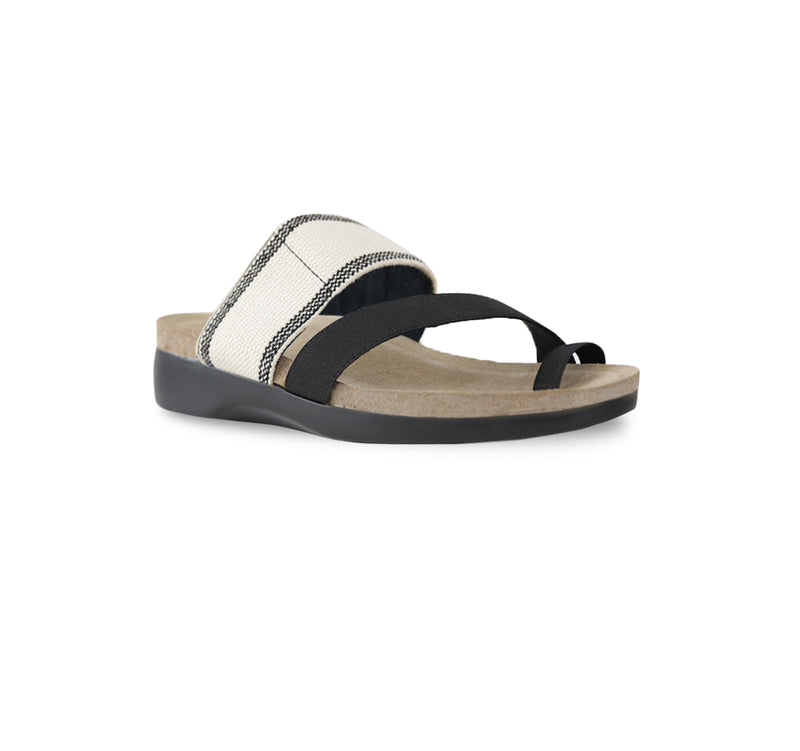 ARIES TOE-RING FOOTBED SANDAL IN BLACK & CREAM FABRIC - ANGLE VIEW