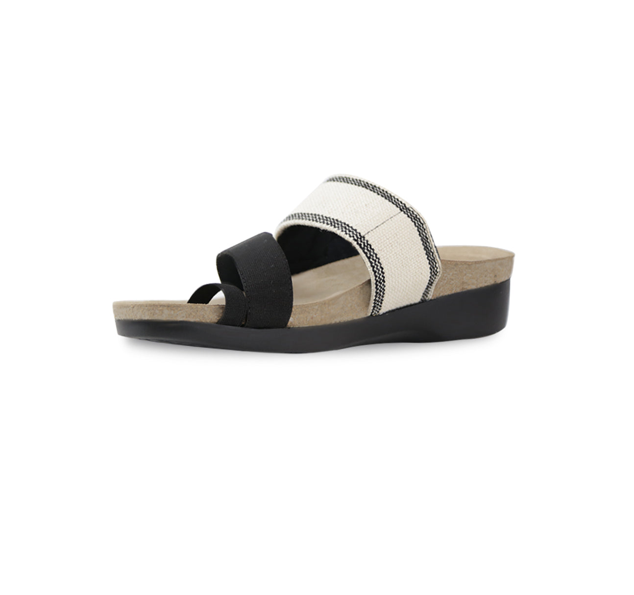 ARIES TOE-RING FOOTBED SANDAL IN BLACK & CREAM FABRIC - INSIDE VIEW