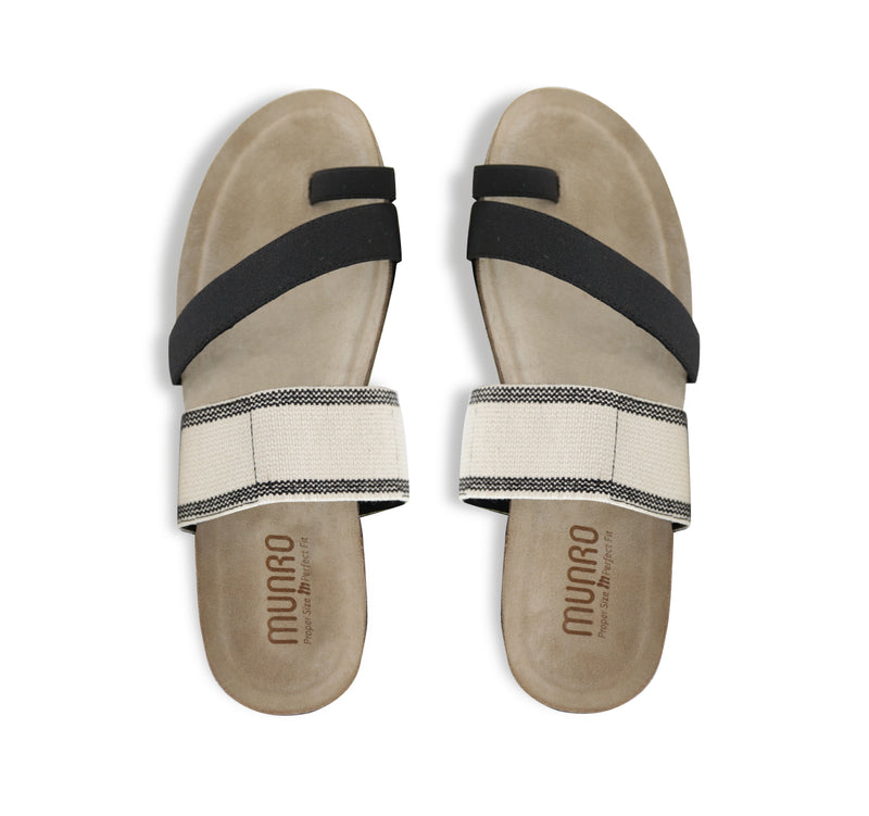 ARIES TOE-RING FOOTBED SANDAL IN BLACK & CREAM FABRIC - TOP VIEW