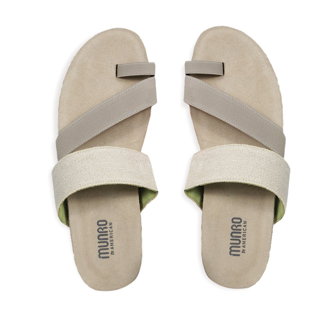 Aries toe-ring footbed slide sandal with asymmetrical vamp strap and wide band instep strap in natural color stretch fabric-top view