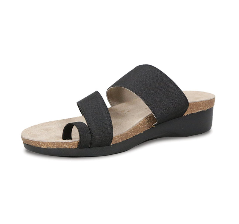 Aries toe-ring footbed slide sandal with asymmetrical vamp strap and wide band instep strap in black stretch fabric-inside view