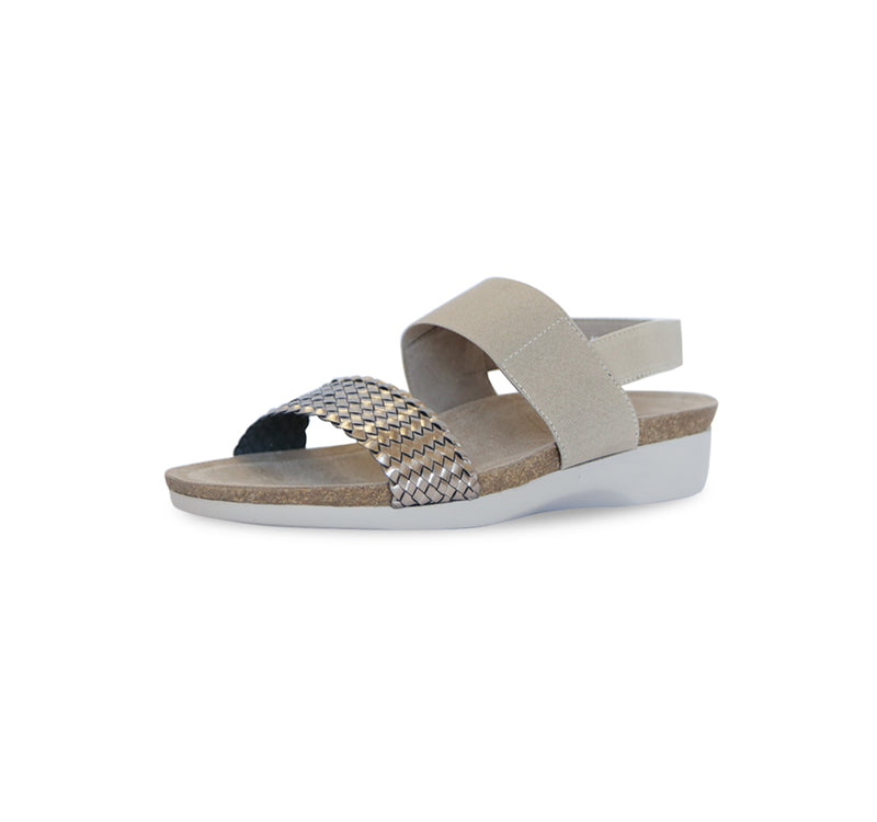 PISCES FOOTBED SANDAL WITH SILVER WOVEN LEATHER & STRETCH FABRIC STRAP - OUTSIDE VIEW