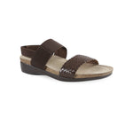 PISCES FOOTBED SANDAL WITH BROWN WOVEN LEATHER & STRETCH FABRIC STRAPS - angle view