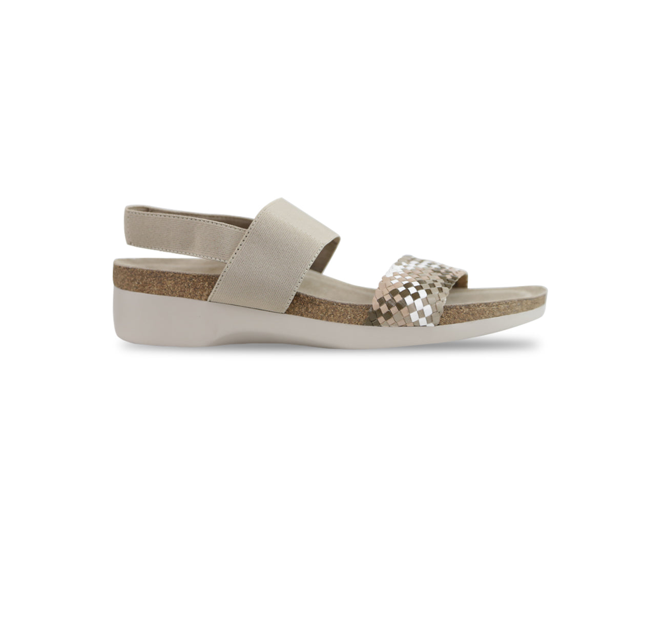 PISCES FOOTBED SANDAL WITH NATURAL STRETCH FABRIC AND MULTI-WOVEN LEATHER -  SIDE VIEW