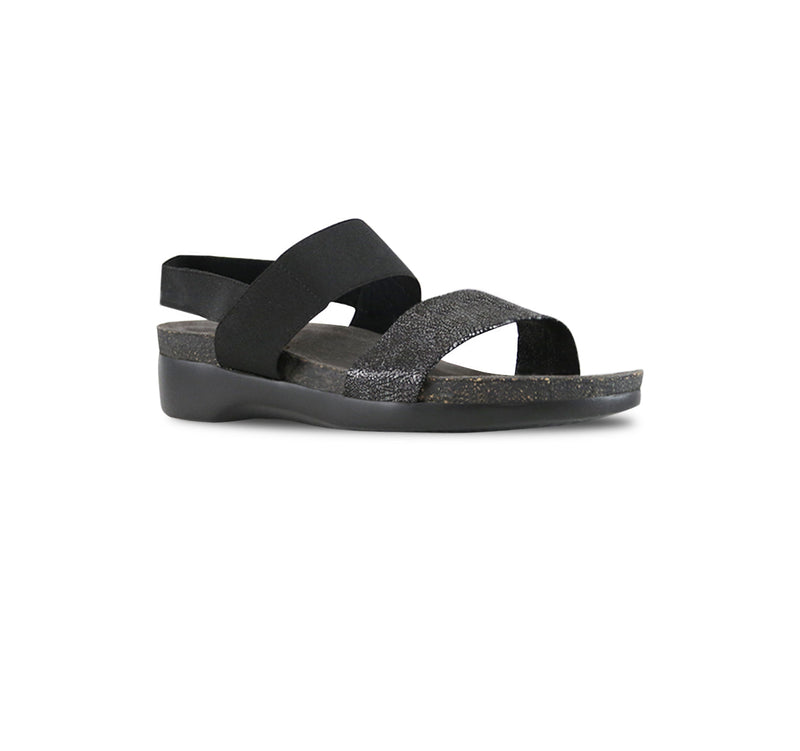 Pisces double-strap footbed sandal with black stretch fabric instep and ankle strap and graphite color suede vamp strap-angle view