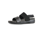 Pisces double-strap footbed sandal with black stretch fabric instep and ankle strap and graphite color suede vamp strap-inside view