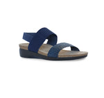 PISCES FOOTBED SANDAL WITH BLUE WOVEN LEATHER & STRETCH FABRIC STRAP - ANGLE VIEW