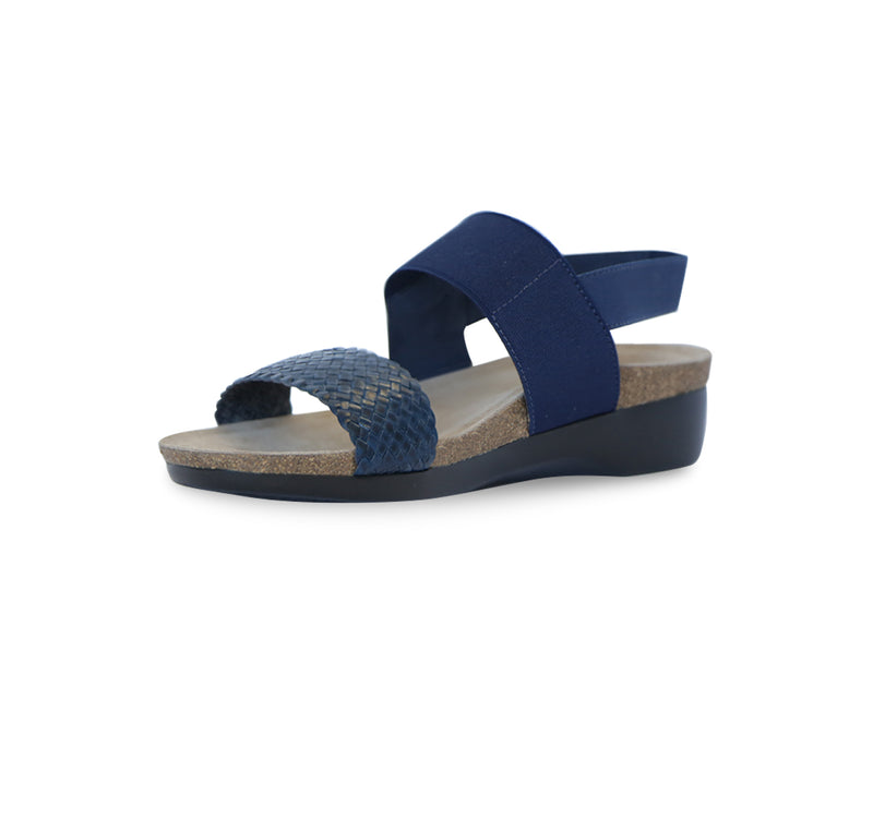 PISCES FOOTBED SANDAL WITH BLUE WOVEN LEATHER & STRETCH FABRIC STRAP - INSIDE VIEW