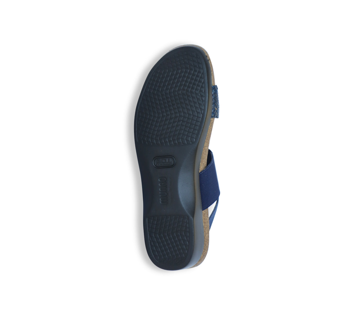 PISCES FOOTBED SANDAL WITH BLUE WOVEN LEATHER & STRETCH FABRIC STRAP - BOTTOM VIEW