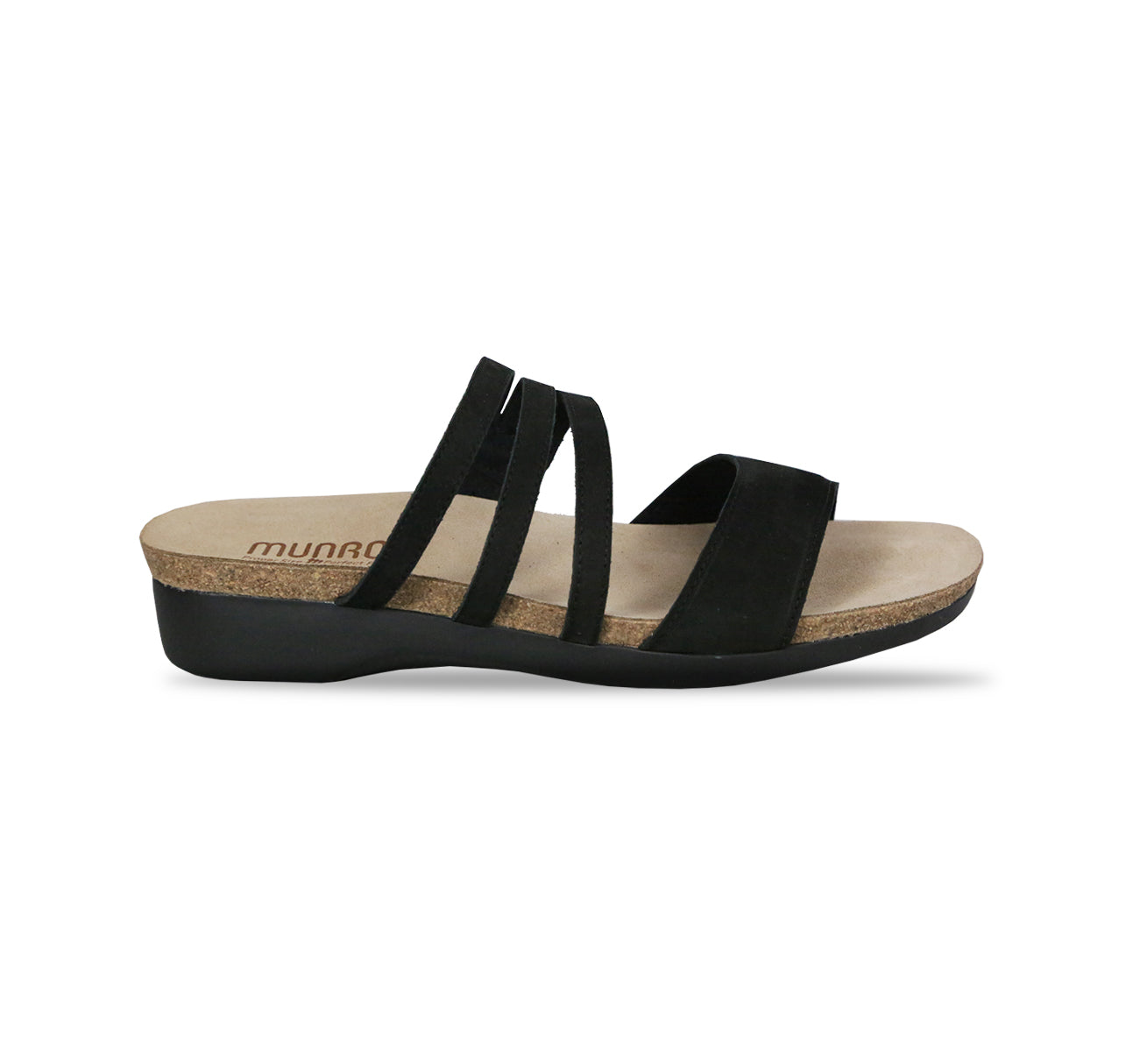 CAMILA FOOTBED SANDAL WITH ASYMMETRICAL STRAPS IN BLACK NUBUCK - outside view