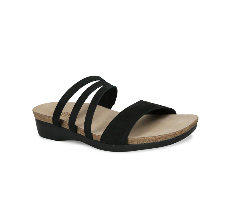 CAMILA FOOTBED SANDAL WITH ASYMMETRIACL STRAPS IN BLACK NUBUCK - angle view