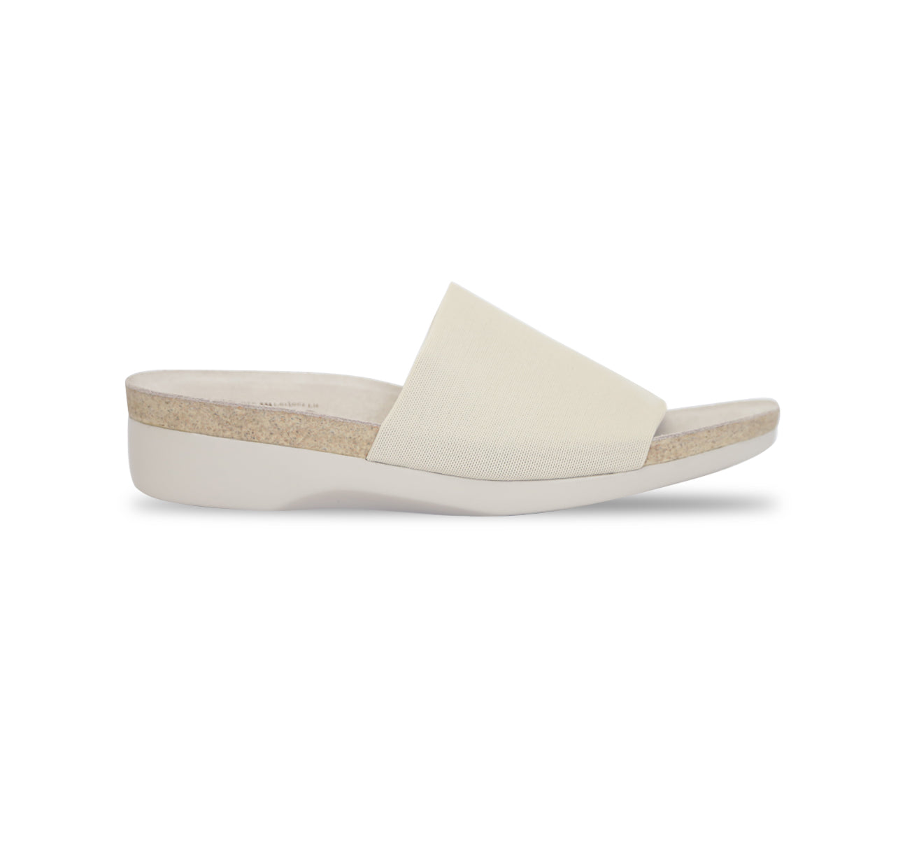 Casita single strap footbed slide sandal on low-wedge outsole in bone stretch fabric-side view